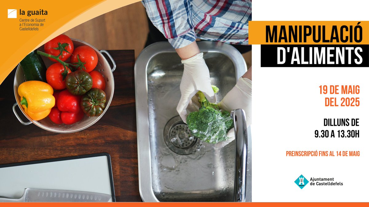 🥐 Ja tenim aquí un nou curs de Manipulació d'Aliments!

📆 Dilluns, 19 de maig
🕤 De 9:30 a 13:30 hores
📌 Presencial a La Guaita

Adreçat a qualsevol persona en edat laboral. Inscriu-te aquí ⤵️
castelldefels.org/ca/serveis/pro…