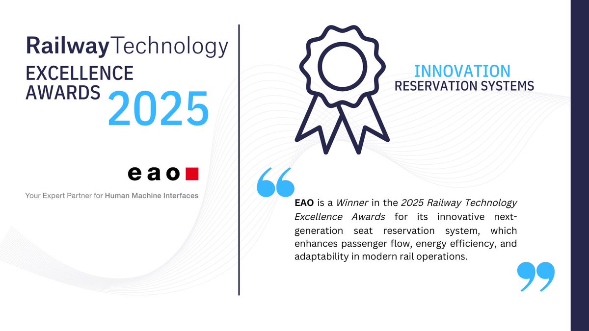 EAO wins the Innovation Award for Reservation Systems at the 2025 Railway Technology Excellence Awards! Their next-gen seat reservation system improves passenger flow, energy efficiency &amp; adaptability in the #railway industry. 

Read more - shorturl.at/Iwksw