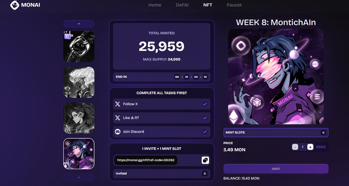 Monad第八周的NFT 速打 

mint需要3.49个mon

传送门：monai.gg/nft?ref-code=3…