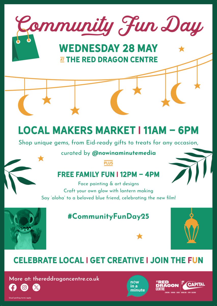 Now In A Minute Media (@niammedia) on Twitter photo May half term plans - sorted ✅
In collaboration with <a href="/RedDragonCentre/">TheRedDragonCentre</a> we’ve curated a special Community Fun Day with free craft workshops, face painting and an opportunity to support local artists to get your Eid gifts ahead of Eid Al-Adha! 🥳
🗓️Wed 28th May, 11-6pm May half term plans - sorted ✅
In collaboration with <a href="/RedDragonCentre/">TheRedDragonCentre</a> we’ve curated a special Community Fun Day with free craft workshops, face painting and an opportunity to support local artists to get your Eid gifts ahead of Eid Al-Adha! 🥳
🗓️Wed 28th May, 11-6pm