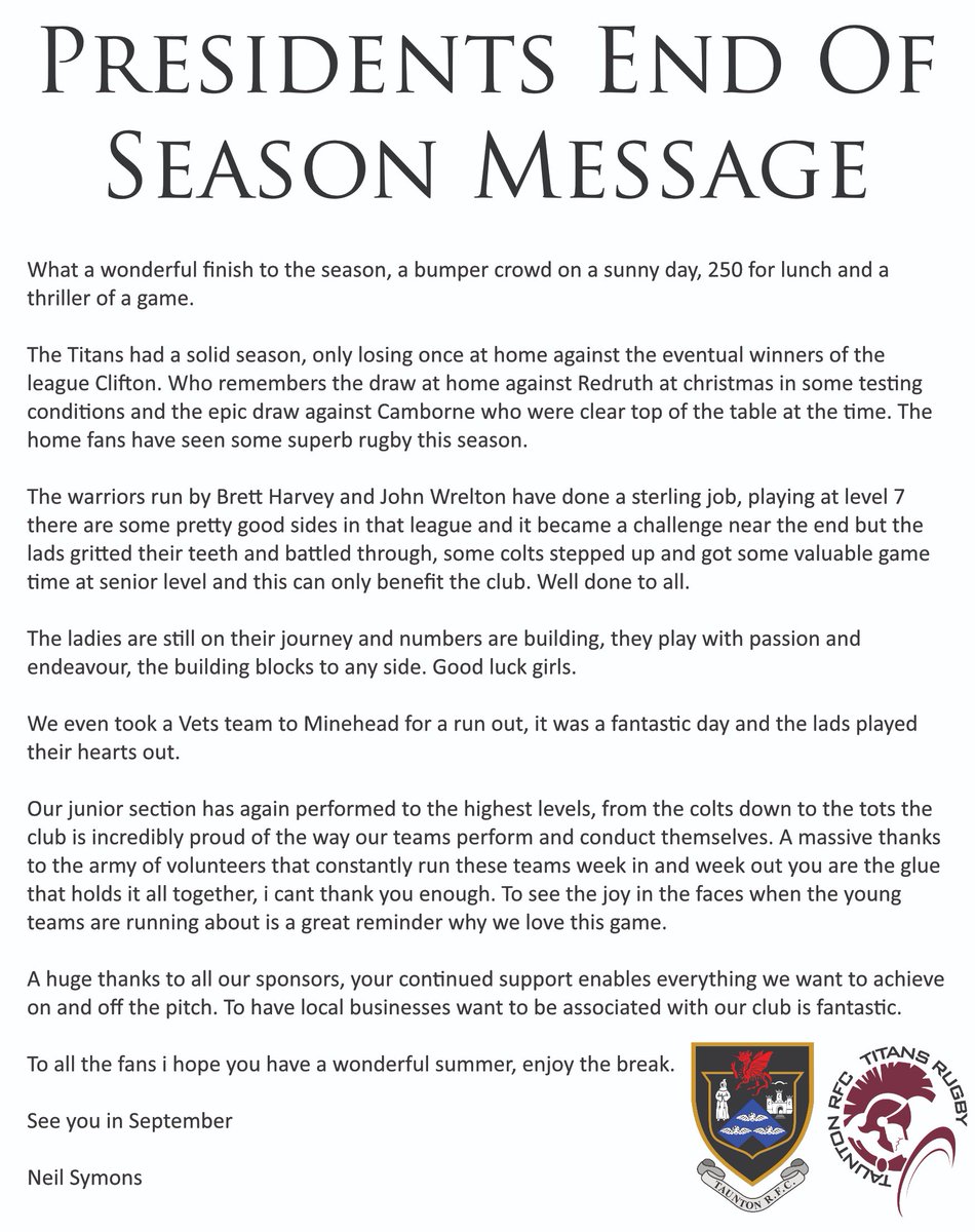 📣 End of Season Message from Our President 🌟