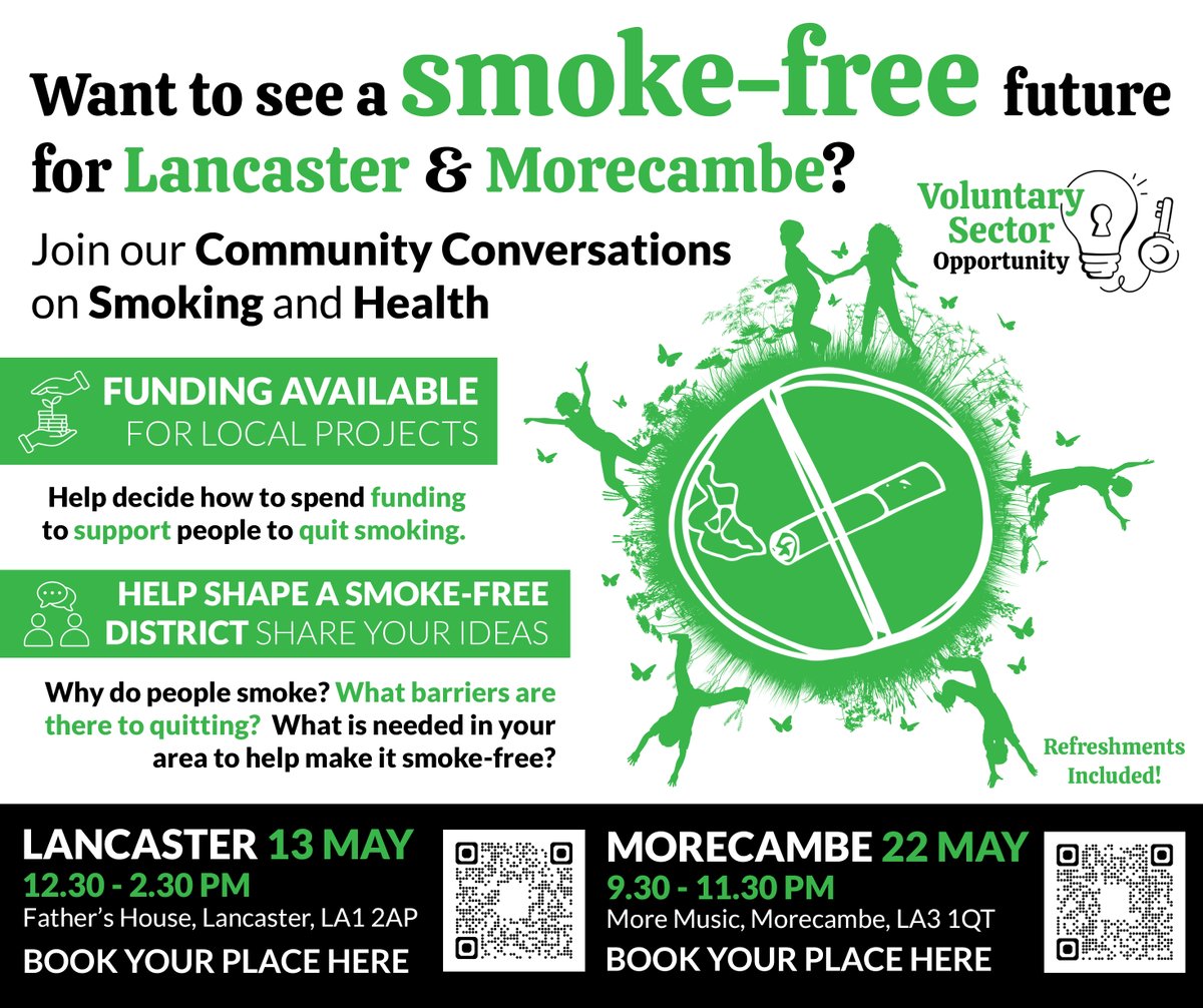 Lancaster District CVS (@lancastercvs) on Twitter photo 🚠What would a smoke-free Lancaster District mean to you? 💬 Join the conversations & help shape local solutions—with funding for voluntary orgs!
📍 Lancaster 13 May: tinyurl.com/mrx2ta5f
📍 Morecambe 22 May: tinyurl.com/tfefjsb6
#SmokeFreeLancaster 🌱 <a href="/LancasterCC/">Lancaster City Council</a> <a href="/UHMBT/">MorecambeBayNHSTrust</a> 🚠What would a smoke-free Lancaster District mean to you? 💬 Join the conversations & help shape local solutions—with funding for voluntary orgs!
📍 Lancaster 13 May: tinyurl.com/mrx2ta5f
📍 Morecambe 22 May: tinyurl.com/tfefjsb6
#SmokeFreeLancaster 🌱 <a href="/LancasterCC/">Lancaster City Council</a> <a href="/UHMBT/">MorecambeBayNHSTrust</a>