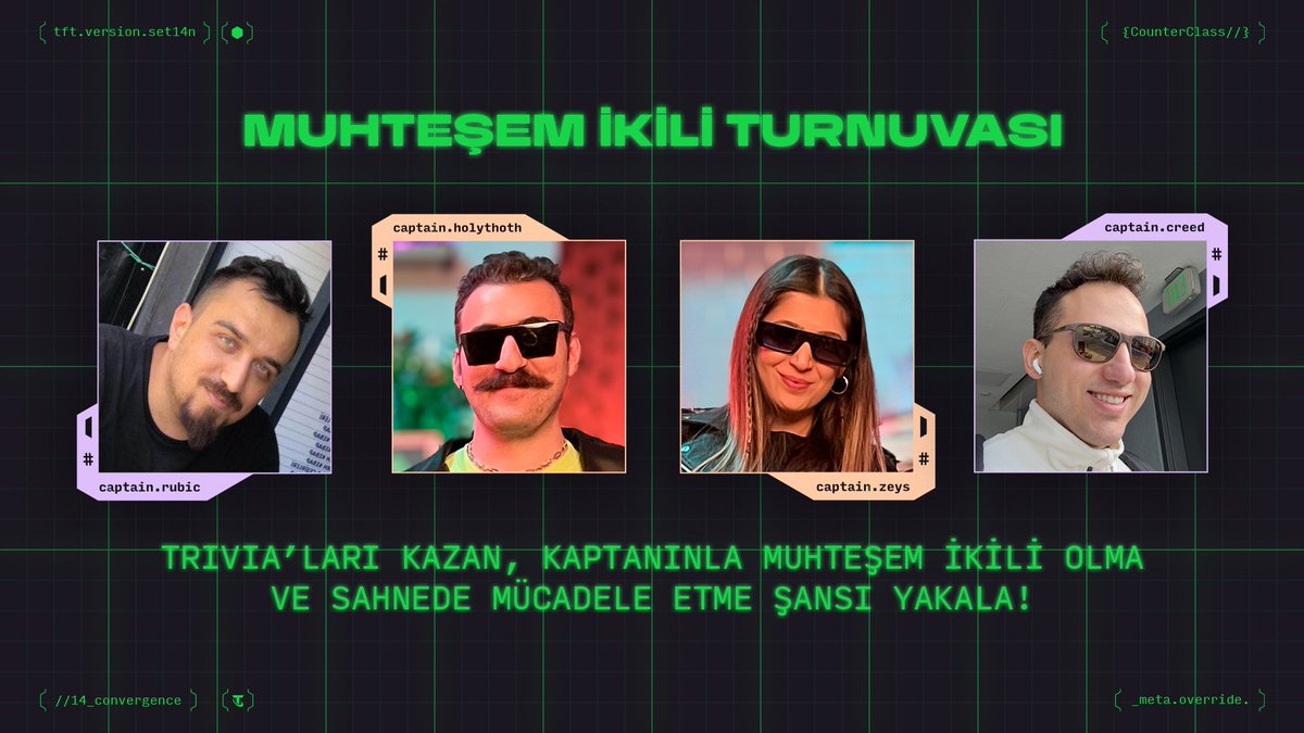 Sevgili Siber Şehir sakini,

🚀Görev Yüklendi:
Bilgine güveniyor musun? Eğer yeterince güveniyorsan, trivia’larda başarıyla mücadele et, kaptanınla muhteşem ikili olma ve sahnede mücadele etme şansı yakala.
▶️Görev Adı: TFT Siber Kafe Etkinliği Muhteşem İkili Turnuvası
🗓️Tarih: