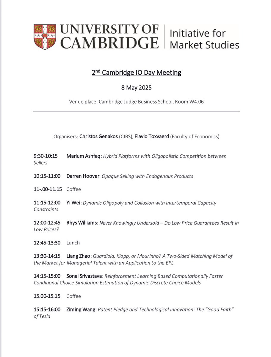 Flavio Toxværd ⭐️⭐️⭐️ (@toxvaerd1) on Twitter photo Another great <a href="/CambridgeIMS/">Cambridge Initiative for Market Studies</a> IO Day with interesting papers and presentations. Another great <a href="/CambridgeIMS/">Cambridge Initiative for Market Studies</a> IO Day with interesting papers and presentations.