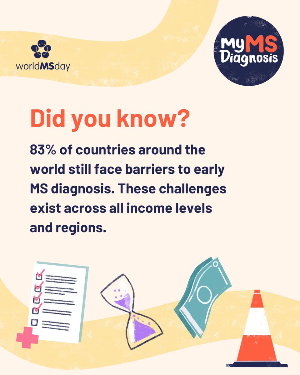 WorldMSDay's tweet photo. Despite advances in diagnostic methods, 83% of countries around the world still face barriers to early MS diagnosis. These challenges exist across all income levels and regions, impacting millions of lives. That’s why the #MyMSDiagnosis campaign is calling for change. 📢✨ https://t.co/LYBz4A8YLl