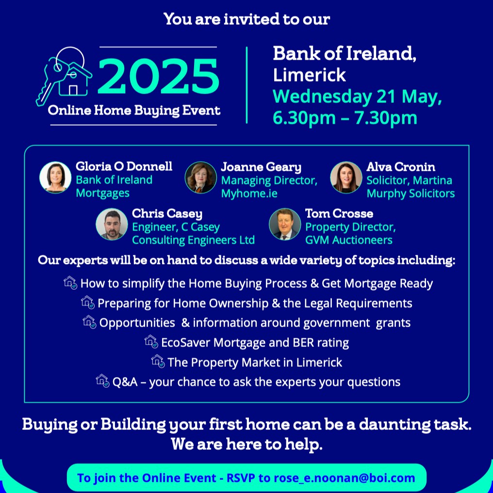 MyHome (@myhomeproperty) on Twitter photo MyHome Managing Director Joanne Geary will be appearing at the <a href="/bankofireland/">Bank of Ireland</a> 2025 Home Buying Event at their branch in Limerick on Wednesday May 21st.
You can register for the event, which runs from 6.30pm to 7.30pm, by emailing rose_e.noonan@boi.com MyHome Managing Director Joanne Geary will be appearing at the <a href="/bankofireland/">Bank of Ireland</a> 2025 Home Buying Event at their branch in Limerick on Wednesday May 21st.
You can register for the event, which runs from 6.30pm to 7.30pm, by emailing rose_e.noonan@boi.com