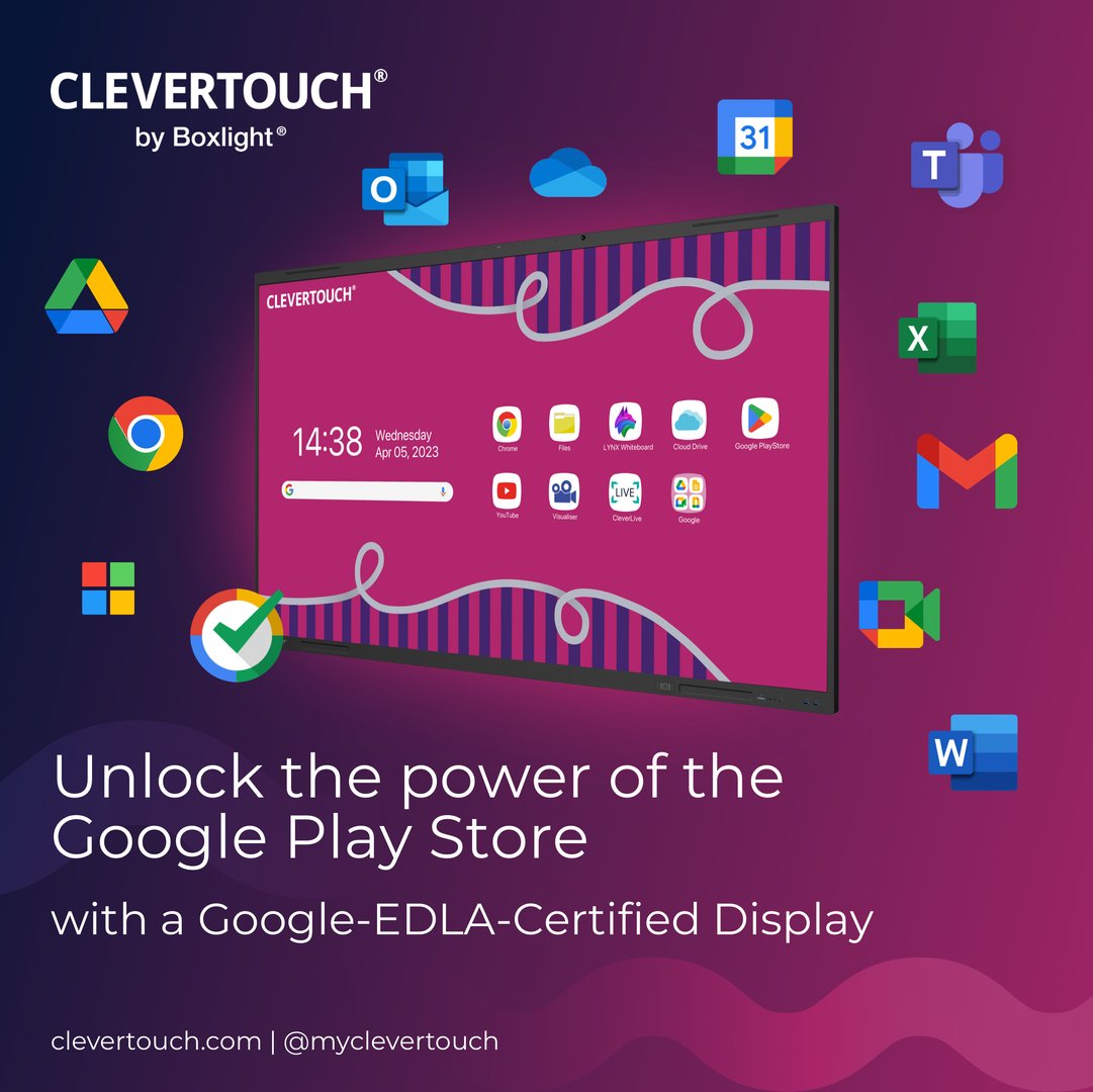 With a #Google-EDLA-certified Clevertouch display, you can ditch the extra devices! Download all your go-to classroom tools directly to the display, log in, and start teaching instantly. Discover IMPACT Lux today. clevertouch.com/products/inter…