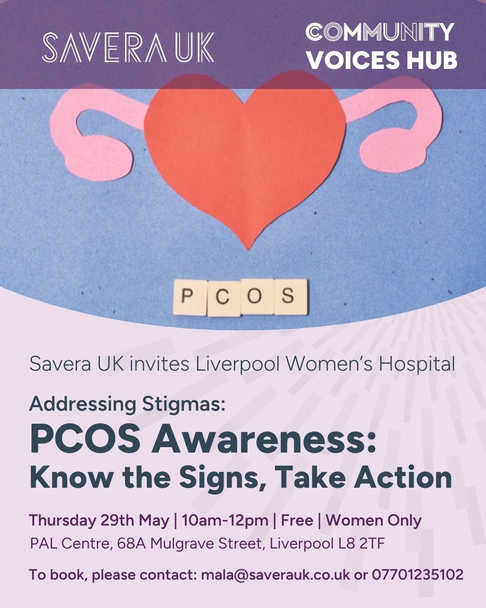 Cobalt Housing (@cobalthousing) on Twitter photo 💜 <a href="/SaveraUK/">SAVERA UK</a> and <a href="/LiverpoolWomens/">Liverpool Women's University Hospital</a> Hospital are hosting a free event to raise awareness around PCOS
📅 Thursday 29th May
🕙 10am-12pm
📍 PAL Centre, 68A Mulgrave Street, Liverpool L8 2TF
🎟️ Free Event – Women Only
🔗 To book, email: mala@saverauk.co.uk
📱 Call 07701235102 💜 <a href="/SaveraUK/">SAVERA UK</a> and <a href="/LiverpoolWomens/">Liverpool Women's University Hospital</a> Hospital are hosting a free event to raise awareness around PCOS
📅 Thursday 29th May
🕙 10am-12pm
📍 PAL Centre, 68A Mulgrave Street, Liverpool L8 2TF
🎟️ Free Event – Women Only
🔗 To book, email: mala@saverauk.co.uk
📱 Call 07701235102