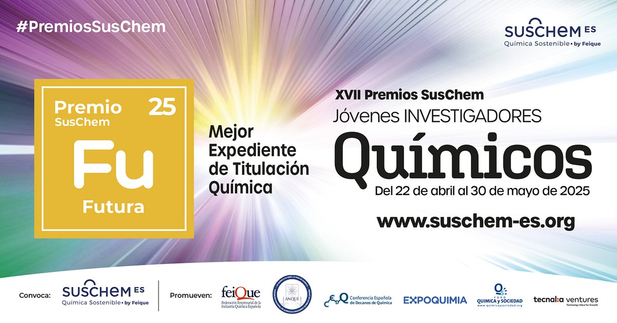 SusChem-España (@suschemspain) on Twitter photo ¿Has terminado en 2024 el grado de #química o similar con un buen expediente?
No lo dudes y preséntate a la categoría #Futura de los #PremiosSusChem 2025. Podrás ganar 2.000€ y 1 año de afiliación a <a href="/SusChemSpain/">SusChem-España</a> y @anque_quimicos
Consulta las bases👉bit.ly/3d3HzHv ¿Has terminado en 2024 el grado de #química o similar con un buen expediente?
No lo dudes y preséntate a la categoría #Futura de los #PremiosSusChem 2025. Podrás ganar 2.000€ y 1 año de afiliación a <a href="/SusChemSpain/">SusChem-España</a> y @anque_quimicos
Consulta las bases👉bit.ly/3d3HzHv
