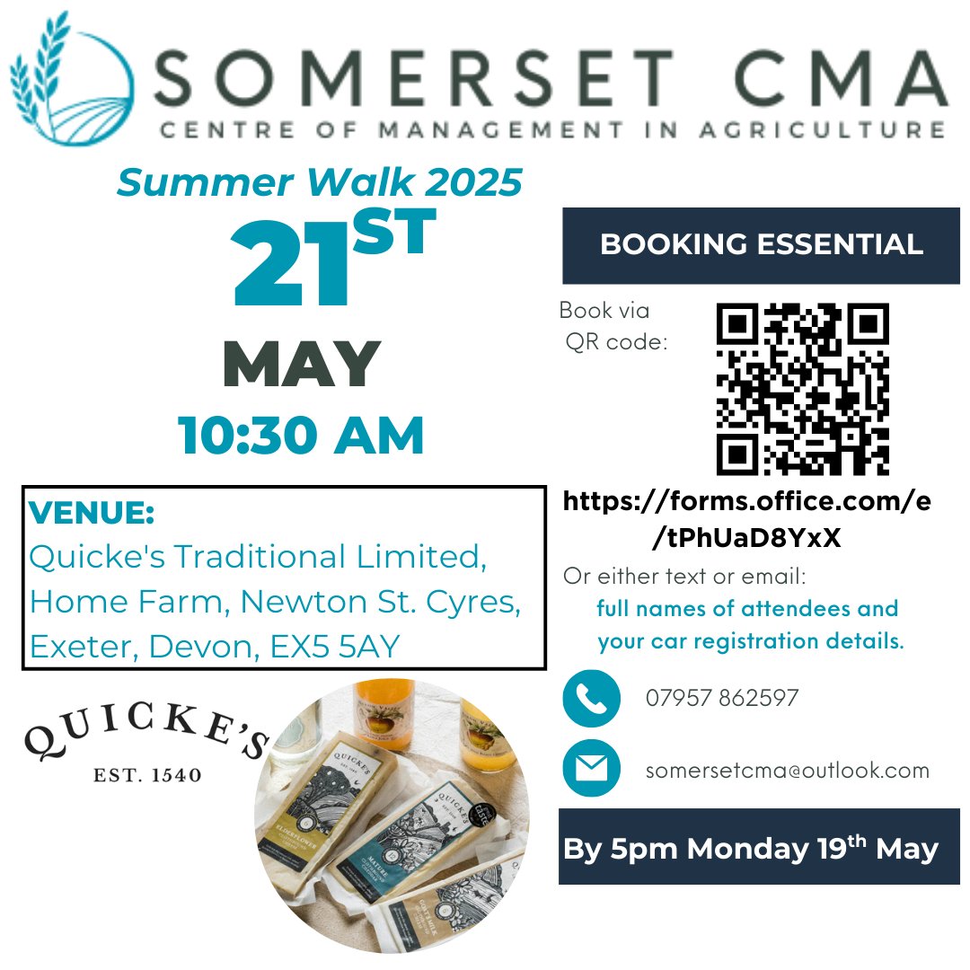 Please join us for our first summer walk of the season <a href="/QuickesCheese/">Quicke's</a>  on Wednesday 21st May - see details below. Booking essential forms.office.com/e/tPhUaD8YxX
Hope you can join us!