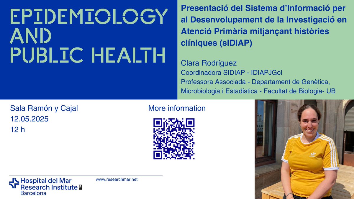HMar Research Institute (@hmar_research) on Twitter photo Nou seminari del Programa d’Epidemiologia i Salut Pública de l’ <a href="/HMar_research/">HMar Research Institute</a>!
🗓️ 12 de maig ⏰12 h 📍Sala Ramón y Cajal
🗣️ Clara Rodríguez (<a href="/sidiapdatabase/">SIDIAP</a> <a href="/IDIAPJGol/">IDIAPJGol</a> <a href="/UniBarcelona/">Universitat de Barcelona</a>)
📌 “Presentació del sistema sIDIAP basat en històries clíniques”
👉researchmar.net/agenda/948 Nou seminari del Programa d’Epidemiologia i Salut Pública de l’ <a href="/HMar_research/">HMar Research Institute</a>!
🗓️ 12 de maig ⏰12 h 📍Sala Ramón y Cajal
🗣️ Clara Rodríguez (<a href="/sidiapdatabase/">SIDIAP</a> <a href="/IDIAPJGol/">IDIAPJGol</a> <a href="/UniBarcelona/">Universitat de Barcelona</a>)
📌 “Presentació del sistema sIDIAP basat en històries clíniques”
👉researchmar.net/agenda/948