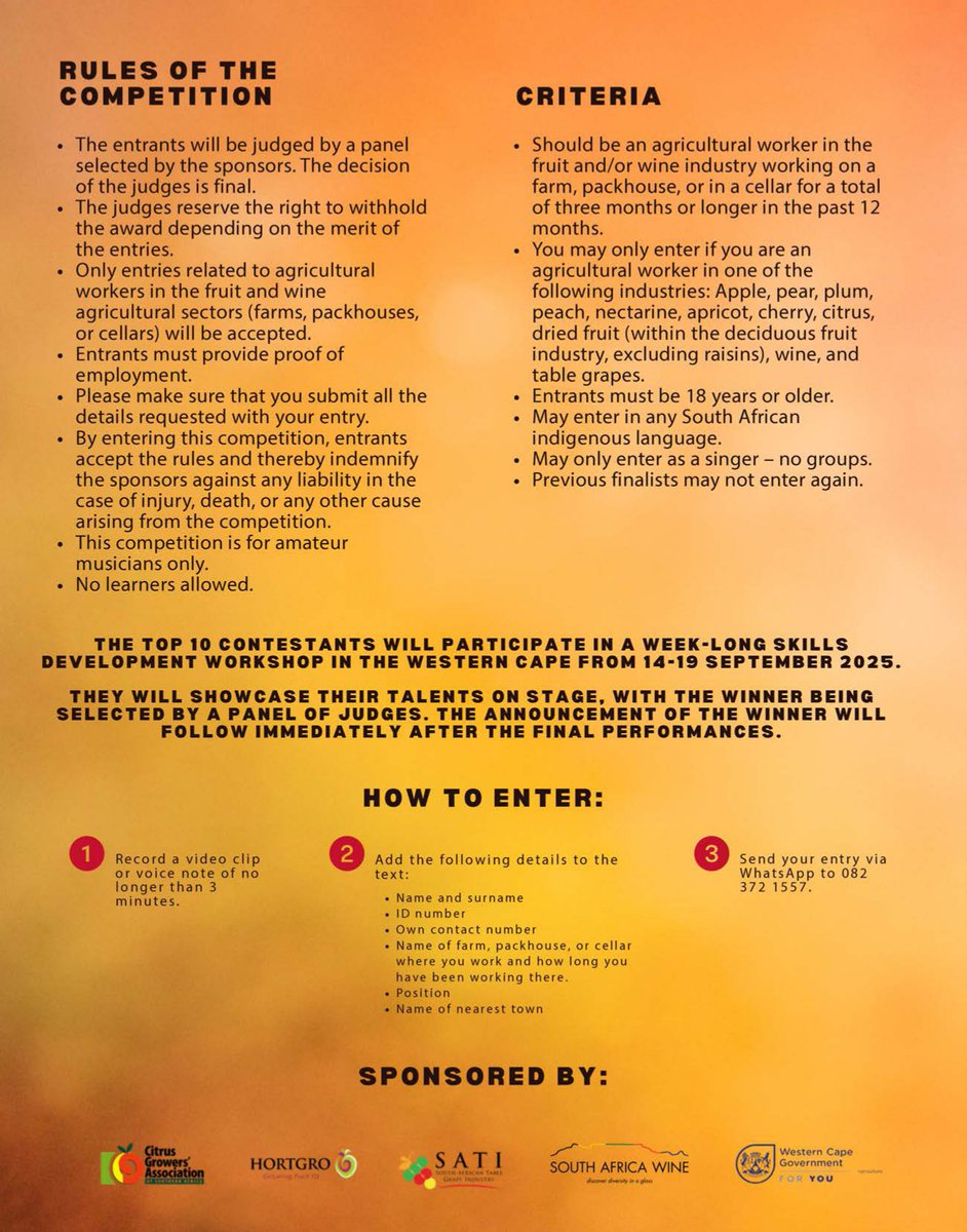 Calling all citrus superstars! 🤩
Agri's Got Talent 2025 is here! 🌟🎤

🍊Entries close 31 July 2025
🍊Enter online, WhatsApp 082 372 1557 or email info@agrisgottalent.com
🍊Visit the AGT website for more info: agrisgottalent.com/agt-2025

#GoTeamCitrus #AGT2025 #AgrisGotTalent
