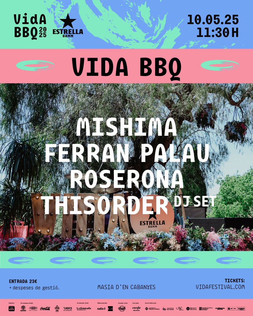 MISHIMA (@mishimabcn) on Twitter photo Horaris de demà a Vilanova i la Geltrú!
Vida BBQ
11:30h portes
12:00h Ferran Palau
13:15h Roserona
14:00h Final concurs Vida Club DJs
17:00h Mishima
18:00h Thisorder DJ
20h Vida DJs
vidafestival.com/vida-bbq-2025/
<a href="/vidafestival/">Vida Festival</a> <a href="/FerranPalau/">Ferran Palau</a> <a href="/roserona__/">roser</a> <a href="/finaestampabcn/">Fina Estampa Produccions</a> Horaris de demà a Vilanova i la Geltrú!
Vida BBQ
11:30h portes
12:00h Ferran Palau
13:15h Roserona
14:00h Final concurs Vida Club DJs
17:00h Mishima
18:00h Thisorder DJ
20h Vida DJs
vidafestival.com/vida-bbq-2025/
<a href="/vidafestival/">Vida Festival</a> <a href="/FerranPalau/">Ferran Palau</a> <a href="/roserona__/">roser</a> <a href="/finaestampabcn/">Fina Estampa Produccions</a>