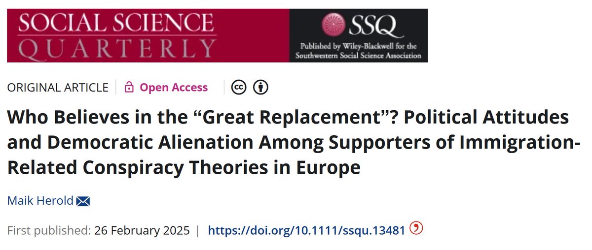 Maik Herold (@maikherold) on Twitter photo 🚨Who believes in the 'Great Replacement'? In my latest article in <a href="/SSQ_Online/">Social Science Quarterly</a>, I use data from ten European countries to show that those who subscribe to this conspiracy theory are more politically diverse than commonly assumed. #OpenAccess 👉onlinelibrary.wiley.com/doi/10.1111/ss… 🚨Who believes in the 'Great Replacement'? In my latest article in <a href="/SSQ_Online/">Social Science Quarterly</a>, I use data from ten European countries to show that those who subscribe to this conspiracy theory are more politically diverse than commonly assumed. #OpenAccess 👉onlinelibrary.wiley.com/doi/10.1111/ss…
