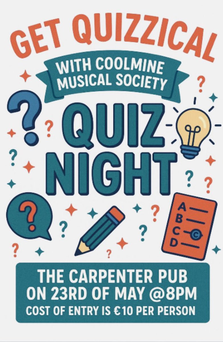Coolmine Musical Society are going to be testing your knowledge with a Quiz on Friday 23 of May at 8pm in The Carpenter. So gather those teams and get ready, set and battle your wits to see who comes out top.We’d  love to you master minds there to see who never gonna quiz you up!