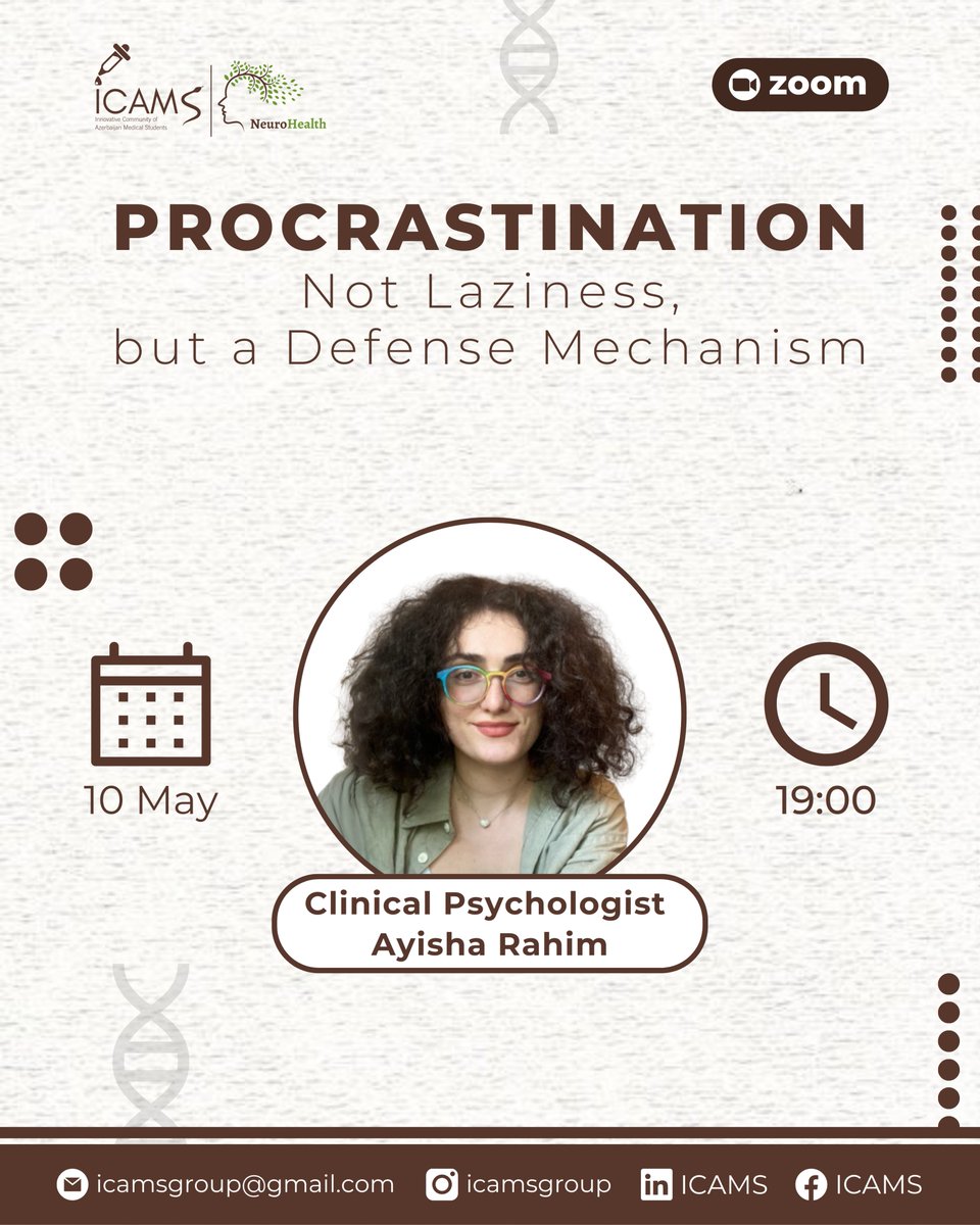 Dear followers!
Join us for our next NeuroHealth Club webinar on procrastination behavior as a psychological defense mechanism. 🧠
Guest Speaker: Ayisha Rahimli, Clinical Psychologist &amp; Psychotherapist.
 ⏳ Date: May 10, 19:00
 📍 Platform: ZOOM
 🔗 forms.gle/EtRUvc5N5F735W…