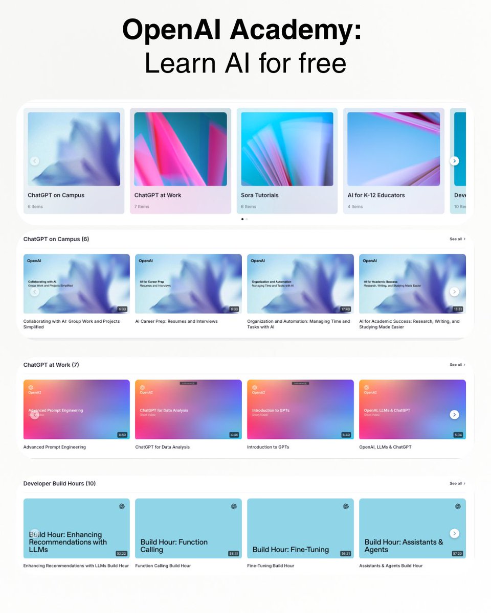 SaadatNajafova's tweet image. 🚨 BREAKING: OpenAI just launched free AI courses.
Courses for beginners and engineers.
And it's 100% free.
Here’s everything you need to know: