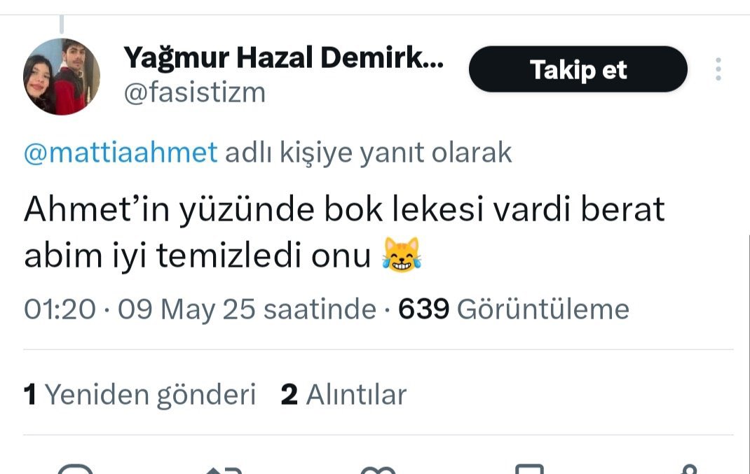 Besime 🇹🇷 (@besimekc) on Twitter photo Sayın bakanım Cumhurbaşkanımıza ve Ahmet yavrumuza hakaret eden bu terörist tutuklansın!!
<a href="/RTErdogan/">Recep Tayyip Erdoğan</a> <a href="/AliYerlikaya/">Ali Yerlikaya</a> <a href="/EmniyetGM/">Türk Polis Teşkilatı</a> <a href="/SiberayEGM/">Siberay</a>
#MattiaAhmetMinguzzi
#AhmetinMasumiyetiKorunsun Sayın bakanım Cumhurbaşkanımıza ve Ahmet yavrumuza hakaret eden bu terörist tutuklansın!!
<a href="/RTErdogan/">Recep Tayyip Erdoğan</a> <a href="/AliYerlikaya/">Ali Yerlikaya</a> <a href="/EmniyetGM/">Türk Polis Teşkilatı</a> <a href="/SiberayEGM/">Siberay</a>
#MattiaAhmetMinguzzi
#AhmetinMasumiyetiKorunsun