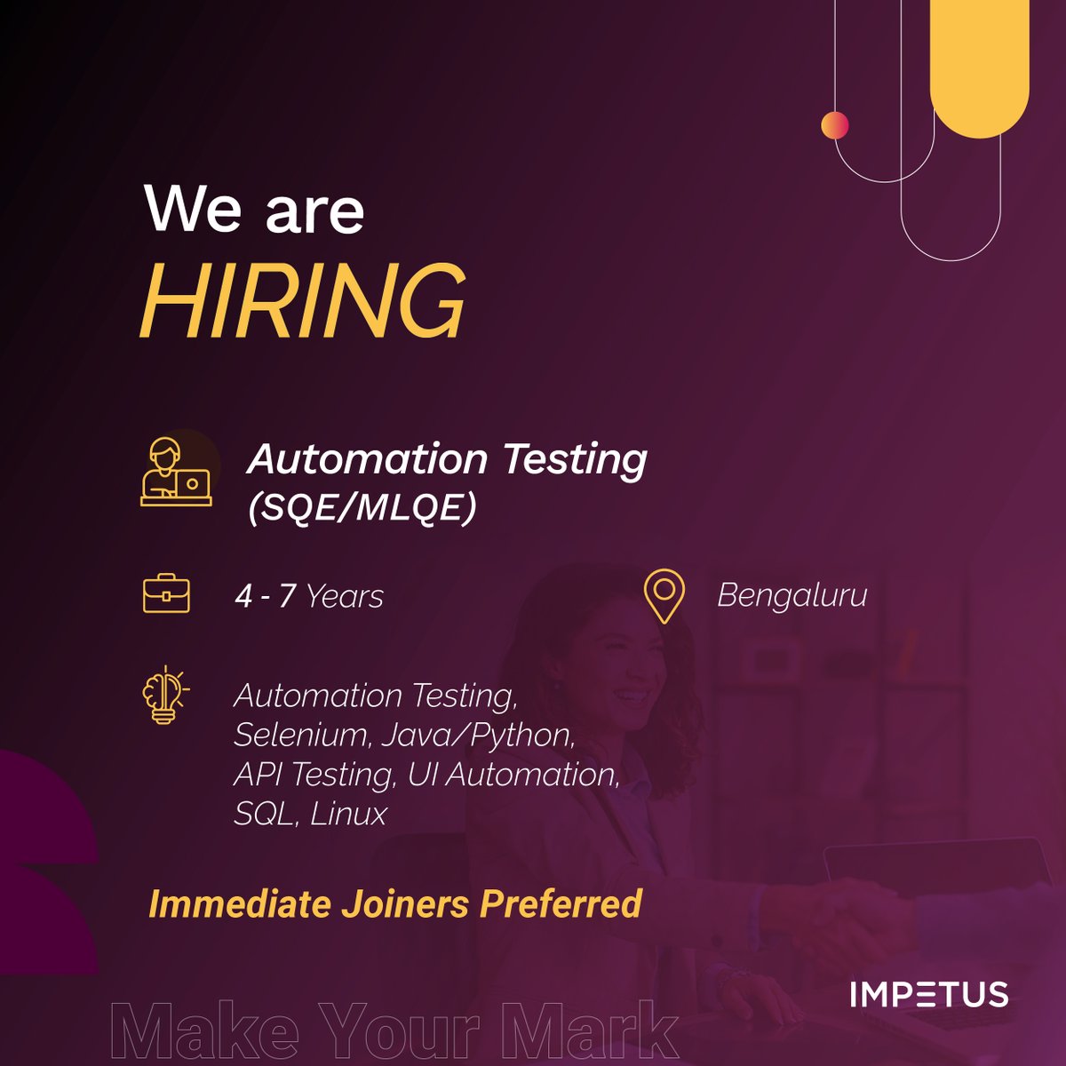 ImpetusLife's tweet image. Exciting Roles Open at Impetus!
We’re on the lookout for top tech talent for the following roles:
🔹 #BigdataTesting
🔹 #AutomationTesting
If you're ready to be a part of the engineering evolution Apply Now!
👉 bit.ly/4cBk1XB
🕒 Immediate joiners preferred.
#impetus