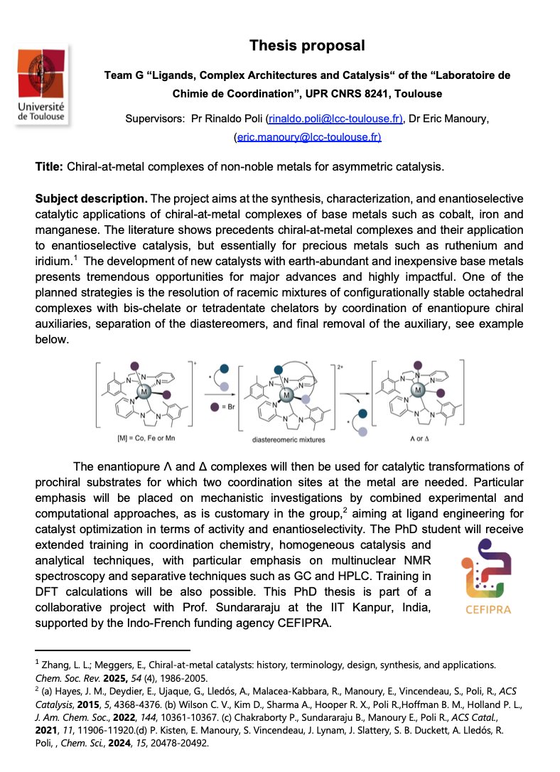 Basker Sundararaju (@basker25071980) on Twitter photo 🎓 Looking for a PhD in France under an Indo-French project?
Indian students with a Master's in Chemistry can apply.
Preference to IIT/IISER grads.
Send your CV & research summary to: rinaldo.poli@lcc-toulouse.fr with a copy to eric.manoury@lcc-toulouse.fr
📍LCC Toulouse #PhDreq 🎓 Looking for a PhD in France under an Indo-French project?
Indian students with a Master's in Chemistry can apply.
Preference to IIT/IISER grads.
Send your CV & research summary to: rinaldo.poli@lcc-toulouse.fr with a copy to eric.manoury@lcc-toulouse.fr
📍LCC Toulouse #PhDreq