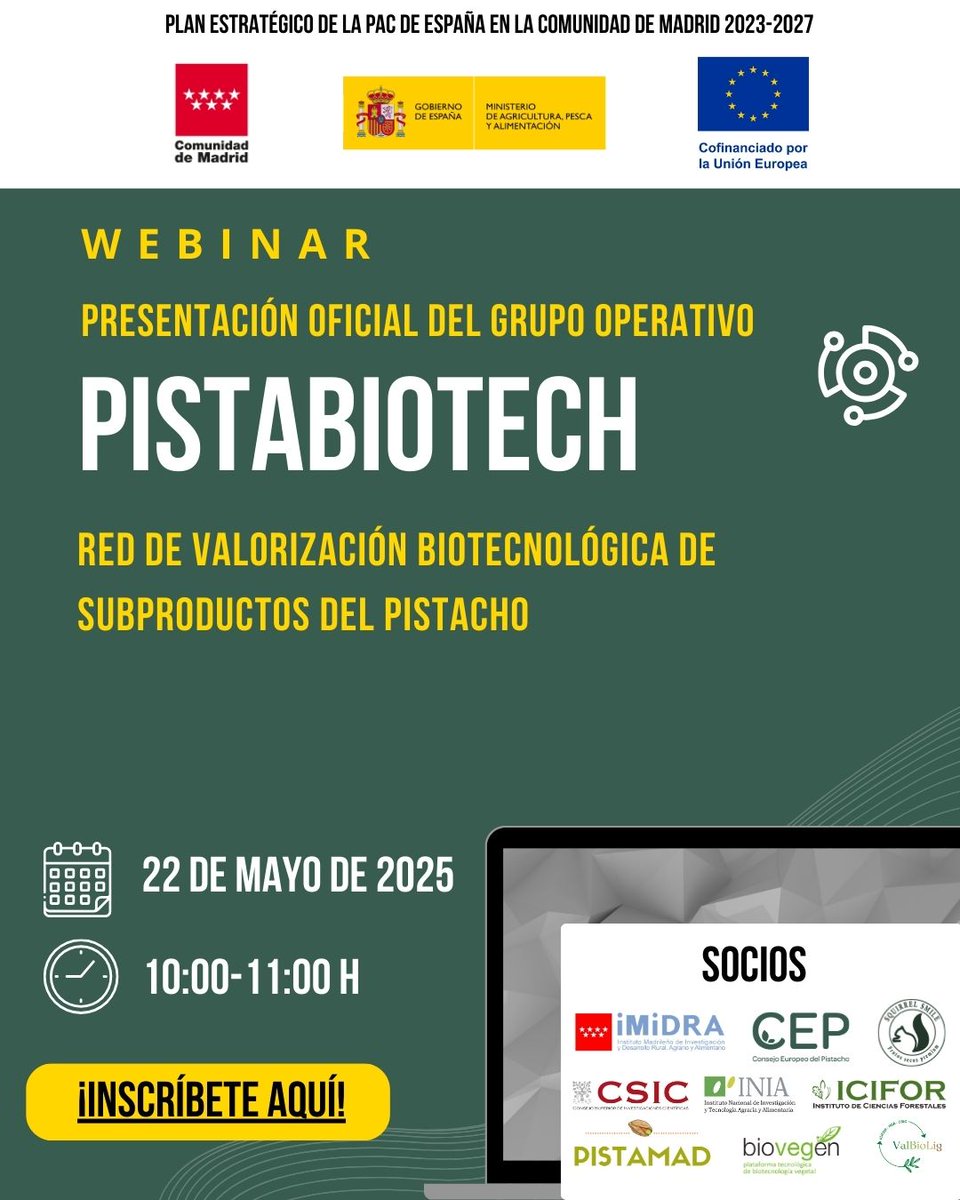 biovegen's tweet image. 📢 I WEBINAR GO PISTABIOTECH: red de valorización biotecnológica de subproductos del pistacho 🔬🌱
🎯 Presentación de este Grupo Operativo Potencial de la Comunidad de Madrid
🗓 22 de mayo de 2025 | 10:00 h
🖥️ Formato virtual
🔗 Inscripción aquí 👉🏻 biovegen.org/i-webinar-go-p…