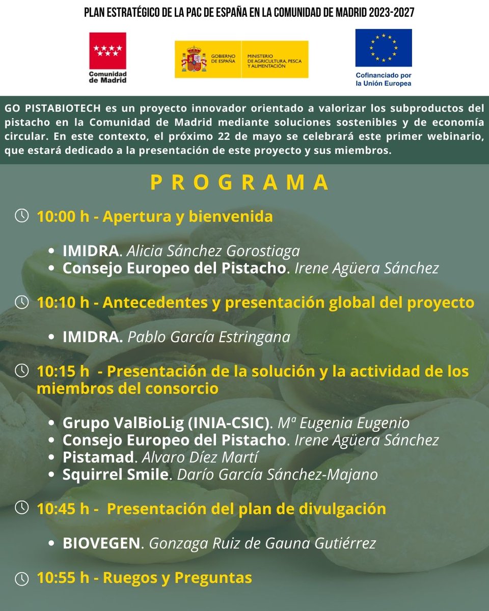 biovegen's tweet image. 📢 I WEBINAR GO PISTABIOTECH: red de valorización biotecnológica de subproductos del pistacho 🔬🌱
🎯 Presentación de este Grupo Operativo Potencial de la Comunidad de Madrid
🗓 22 de mayo de 2025 | 10:00 h
🖥️ Formato virtual
🔗 Inscripción aquí 👉🏻 biovegen.org/i-webinar-go-p…