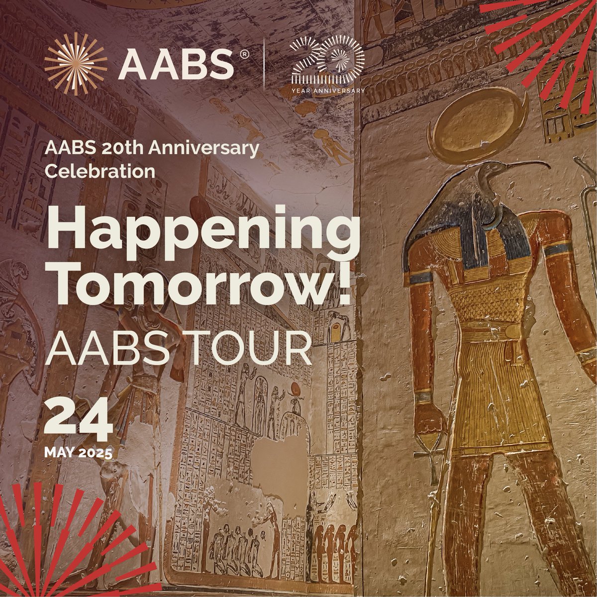 📣 1 Day to Go! AABS Tour Day is almost here!

On May 24, we kick off the AABS experience with an unforgettable journey through Cairo! 🇪🇬

From the iconic Pyramids of Giza to ancient mummies and lunch with a view — it’s the perfect start to the celebration.