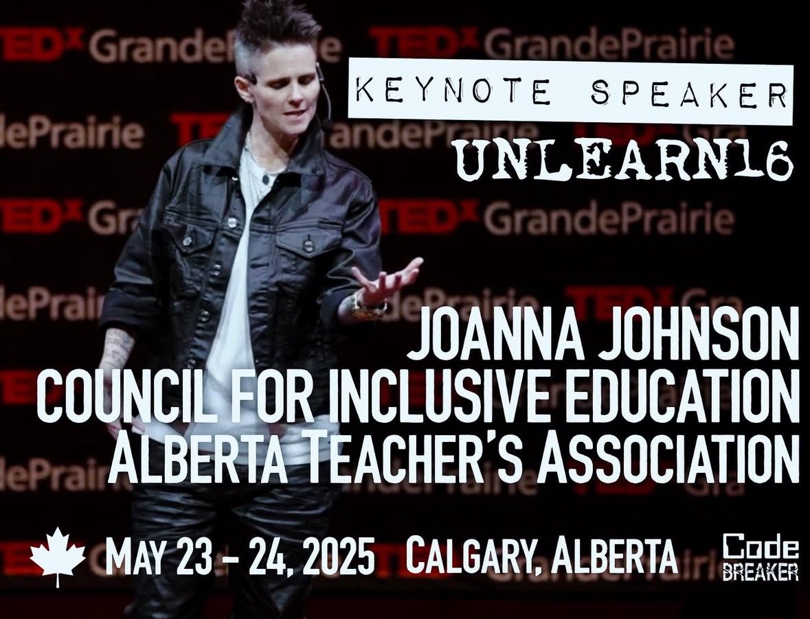 Don’t miss keynote speaker <a href="/unlearn16tweet/">Unlearn16</a> at the Council For Inclusive Education Conference in Calgary this May and check out our new merch store at unlearn16.com! 

Stay tuned for Jo’s upcoming book! 📕📚

For speaking &amp; booking information:
codebreakeredu.com