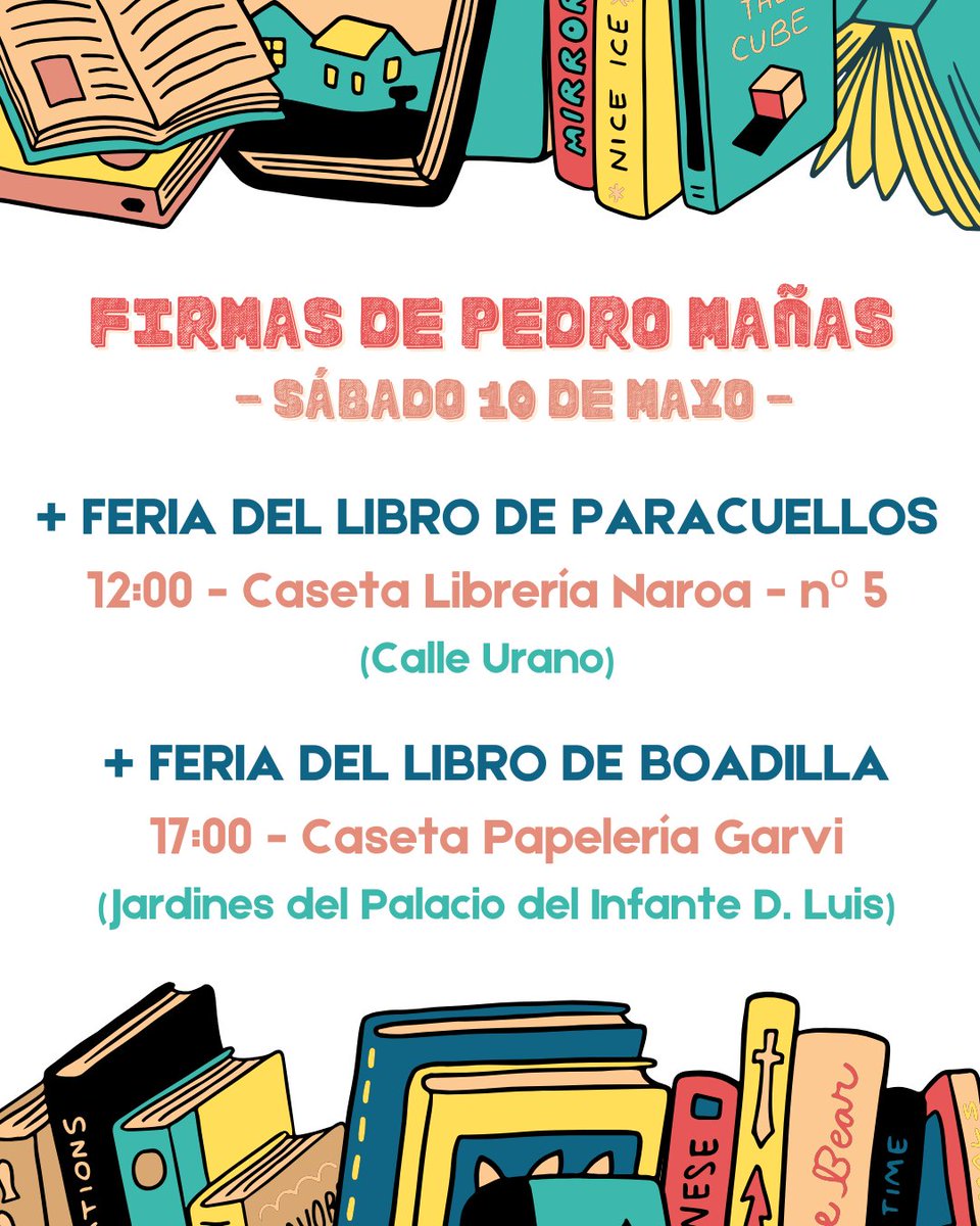 📣 PARACUELLOS Y BOADILLA 📣 Este sábado 10 de mayo firmaré en las ferias del libro de Paracuellos de Jarama y Boadilla del Monte. Abajo os dejo la info por si de repench os queréis acercar a visitarme ♥️