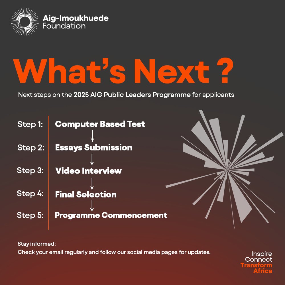 AigFoundation's tweet image. The AIG Public Leaders Programme selection process is now underway. From application close to programme commencement, here’s a quick look at the key milestones ahead—from assessments and interviews to the final selection.​

#AIGPublicLeadersProgramme #LeadershipMilestones
