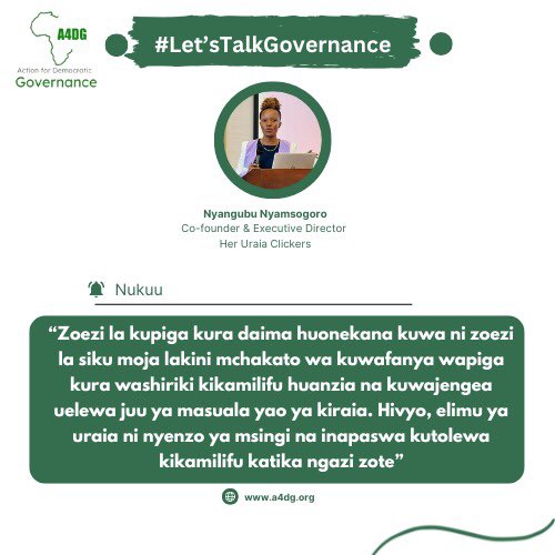 Action for Democratic Governance (A4DG). (@action4dg) on Twitter photo #LetsTalkGovernance
“Zoezi la Kupiga Kura daima huonekana kuwa ni zoezi la siku moja lakini Mchakato wa kuwafanya Wapiga Kura washiriki kikamilifu huanzia na kuwajengea uelewa juu ya masuala yao ya Kiraia”
~<a href="/NyangubuYessy/">Nyangubu Yessy</a>
#Action4DGTz | #DemokrasiaMtaani | #SisiNiDemokrasia #LetsTalkGovernance
“Zoezi la Kupiga Kura daima huonekana kuwa ni zoezi la siku moja lakini Mchakato wa kuwafanya Wapiga Kura washiriki kikamilifu huanzia na kuwajengea uelewa juu ya masuala yao ya Kiraia”
~<a href="/NyangubuYessy/">Nyangubu Yessy</a>
#Action4DGTz | #DemokrasiaMtaani | #SisiNiDemokrasia