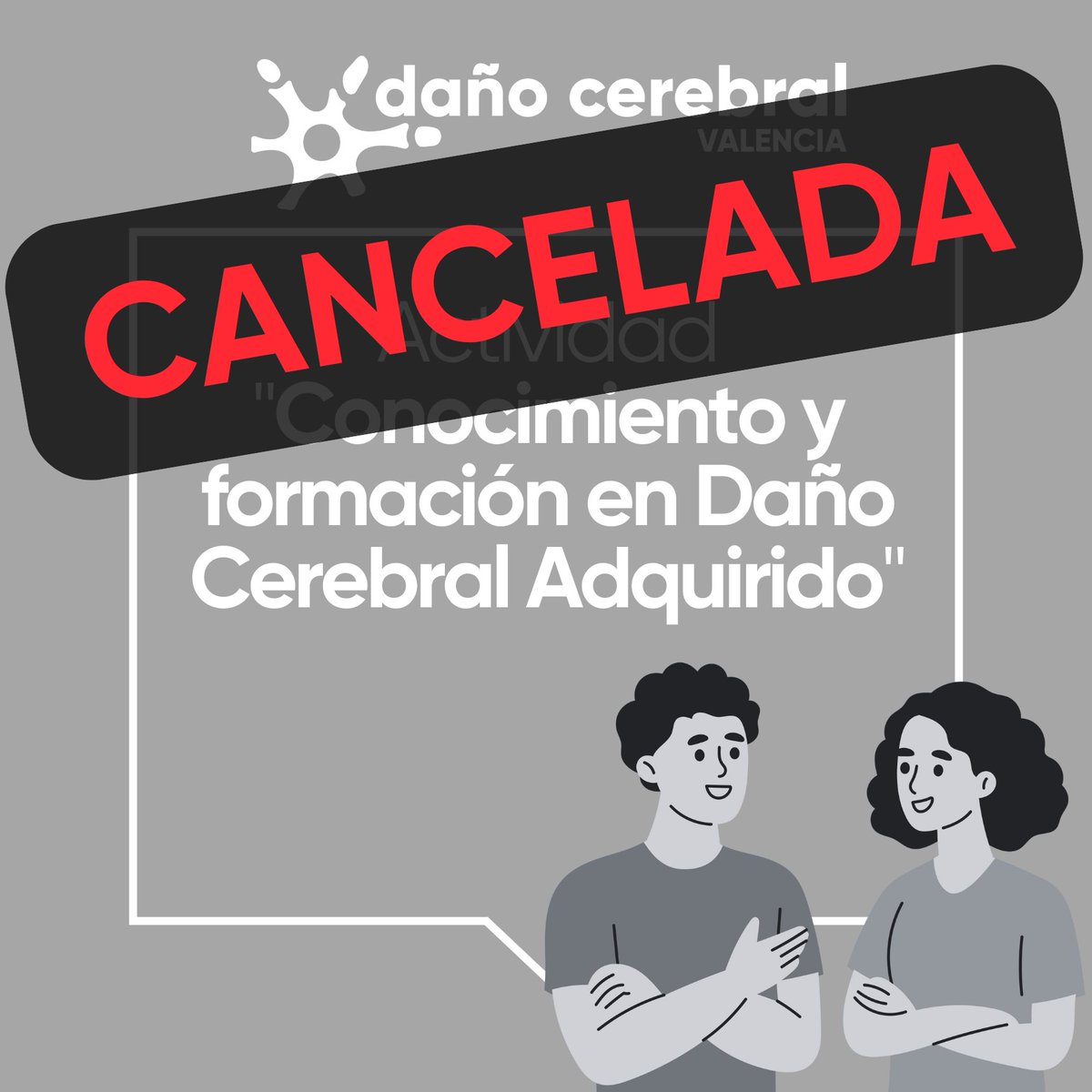 Os informamos que se ha cancelado la actividad "Conocimiento y formación en Daño Cerebral Adquirido", que se iba a llevar a cabo el próximo lunes 12 de mayo. Se realizará más adelante, os mantendremos informados al respecto.

#DCA #DañoCerebral #formacion