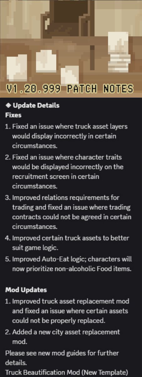 Dustlandelivery's tweet photo. Hey Dustlanders! 🚚✨
See below for details on the latest update:

◈ Update Version
v1.20.999

Thanks once again for your support and feedback!🥰

#DustlandDelivery https://t.co/CT29uPGWng