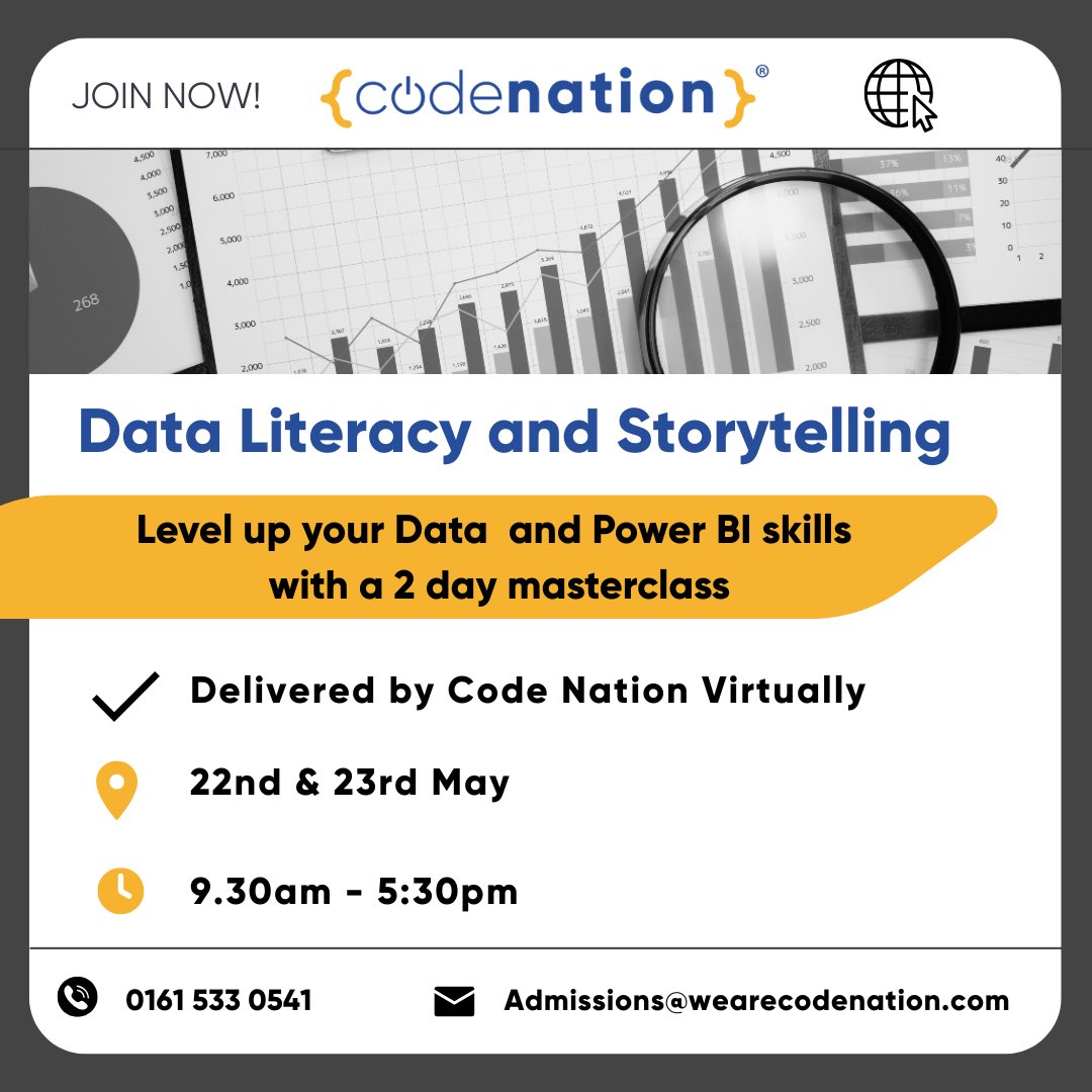 Code Nation (@wearecodenation) on Twitter photo Unlock the Power of Your Data๐
Level up your data literacy with our hands-on, remote Data Literacy & Storytelling course using Power BI
Build real dashboards, master storytelling & make smarter decisions
โฐ22โ23 May | ยฃ415+VAT
๐ปOnline
๐งAdmissions@wearecodenation.com Unlock the Power of Your Data๐
Level up your data literacy with our hands-on, remote Data Literacy & Storytelling course using Power BI
Build real dashboards, master storytelling & make smarter decisions
โฐ22โ23 May | ยฃ415+VAT
๐ปOnline
๐งAdmissions@wearecodenation.com