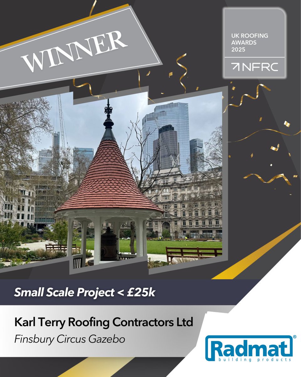 UK Roofing Awards (@ukroofingawards) on Twitter photo ๐ Congratulations to Karl Terry Roofing Contractors Ltd with their project Finsbury Circus Gazeboโ๐ช๐๐ก๐ก๐๐ฅ๐ฆ of the Small Scale Project < ยฃ25k category, sponsored by <a href="/RadmatOfficial/">Radmat Official</a>
#RA2025 ๐ Congratulations to Karl Terry Roofing Contractors Ltd with their project Finsbury Circus Gazeboโ๐ช๐๐ก๐ก๐๐ฅ๐ฆ of the Small Scale Project < ยฃ25k category, sponsored by <a href="/RadmatOfficial/">Radmat Official</a>
#RA2025