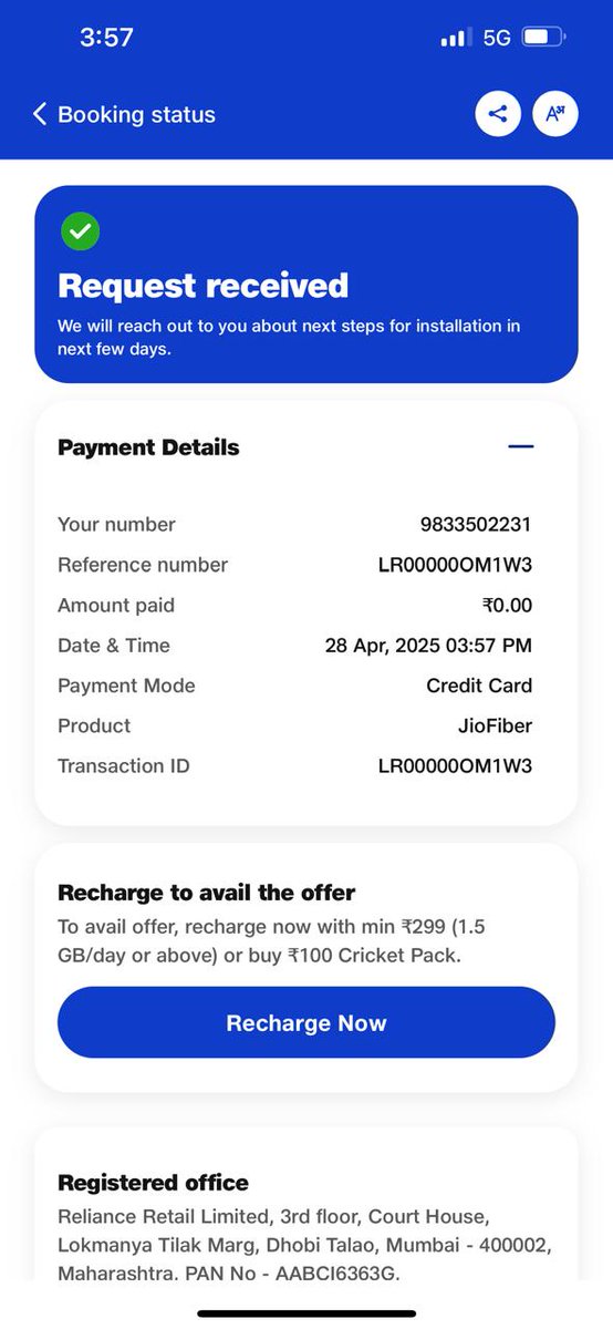 jigarjain709's tweet photo. @JioCare Made yet another request from the app on 28th April. No one has contacted me since.

Reference No. LR00000OM1W3 https://t.co/UELUTyuHah