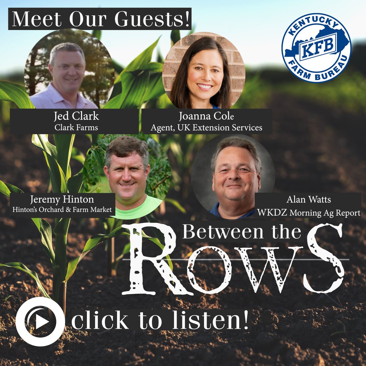 Kentucky Farm Bureau Federation (@kyfb) on Twitter photo This month's guests on the "Between the Rows" podcast include 2023 KFB Farmer of the Year Jed Clark, <a href="/WKDZ/">WKDZ Radio</a> News and Ag Director @awattsalan, Jeremy Hinton of <a href="/hintonsorchard/">Hinton's Orchard</a>, and <a href="/UKExtension/">UK Extension</a> Agent Joanna Cole. Listen and subscribe to all the KFB Kentucky Farm Life Podcasts at This month's guests on the "Between the Rows" podcast include 2023 KFB Farmer of the Year Jed Clark, <a href="/WKDZ/">WKDZ Radio</a> News and Ag Director @awattsalan, Jeremy Hinton of <a href="/hintonsorchard/">Hinton's Orchard</a>, and <a href="/UKExtension/">UK Extension</a> Agent Joanna Cole. Listen and subscribe to all the KFB Kentucky Farm Life Podcasts at