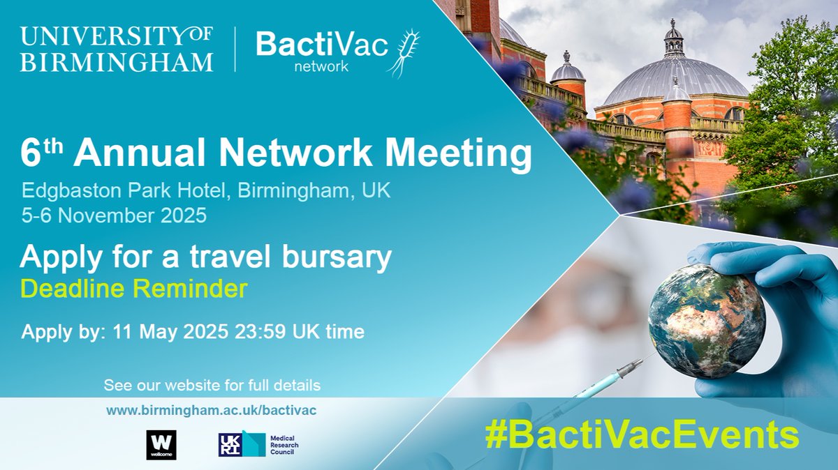 BactiVac Network (@bactivac) on Twitter photo DEADLINE REMINDER❗️
<a href="/BactiVac/">BactiVac Network</a>’s travel bursary scheme offers financial assistance to our members based in LMIC countries to attend BactiVac’s 6th Annual Network Meeting through our travel bursary scheme.
Apply by 11 May 2025 23:59: bit.ly/Tburs25
#BactiVacEvents DEADLINE REMINDER❗️
<a href="/BactiVac/">BactiVac Network</a>’s travel bursary scheme offers financial assistance to our members based in LMIC countries to attend BactiVac’s 6th Annual Network Meeting through our travel bursary scheme.
Apply by 11 May 2025 23:59: bit.ly/Tburs25
#BactiVacEvents