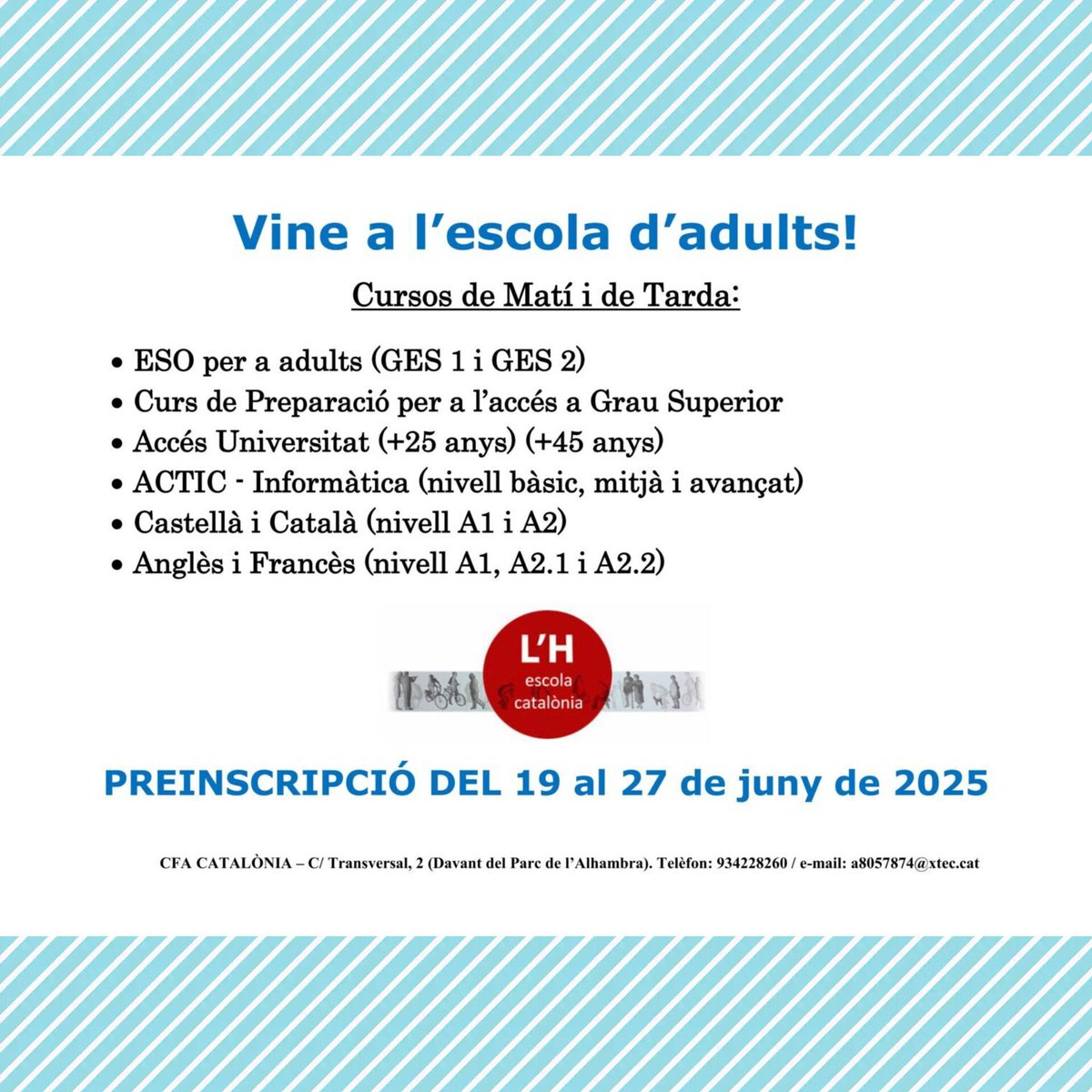 PREINSCRIPCIÓ OBERTA!

📅 Del 19 al 27 de juny
📍 Només presencial

📋 Porta:
• Fotocòpia DNI/NIE/Passaport
• Fotocòpia Targeta Sanitària
• 1 foto mida carnet

Consulta les imatges per a més info! T’hi esperem!