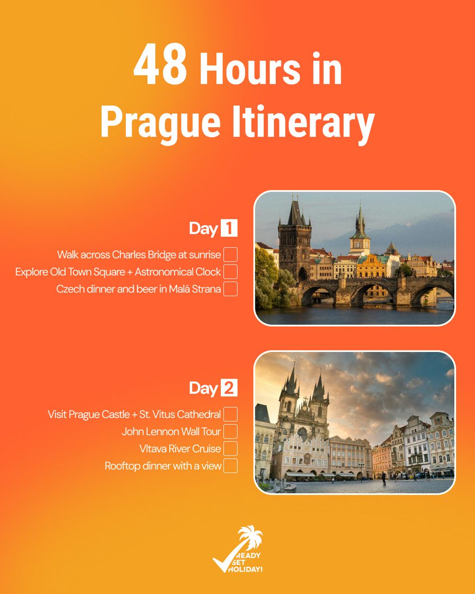 Short on time but still want to experience Prague’s magic? Here’s the perfect 48-hour itinerary. 
Plan your trip using the Ready Set Holiday! app and check our site for more destination ideas. ✈️
#PragueTravel #WeekendGetaway #EuropeTripIdeas #TravelItinerary #ReadySetHoliday