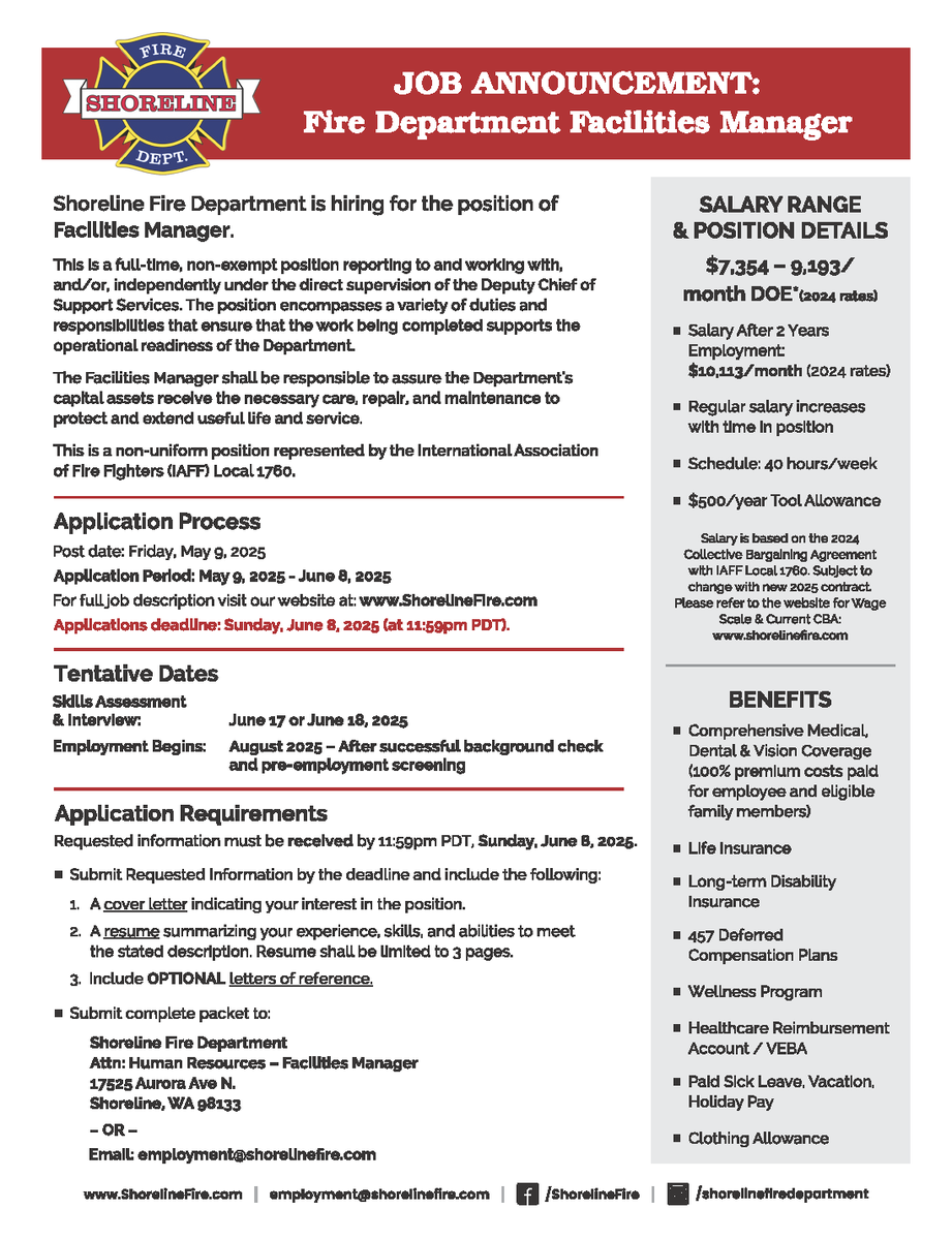 🚨 We’re hiring! Shoreline Fire is looking for a Facilities Manager to help keep our stations safe, efficient &amp; mission-ready.

Apply by June 8 → ShorelineFire.com
#NowHiring #FacilitiesManager #ShorelineFire