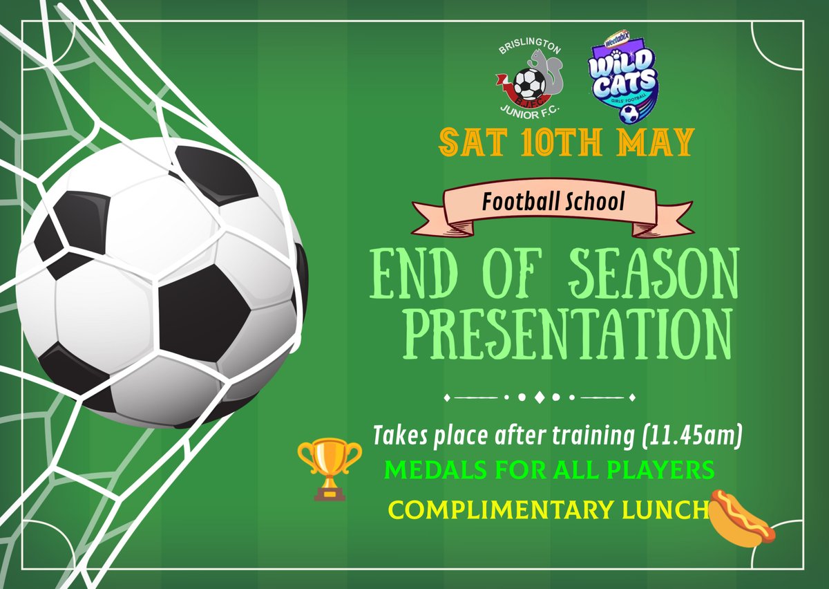 🎉⚽ REMINDER! Tomorrow, 10th May, we’re holding the Bris Jrs Football School End of Season Presentation!

After training we’ll be handing out medals for all players and enjoying a complimentary lunch together.

We can’t wait to see you all there!