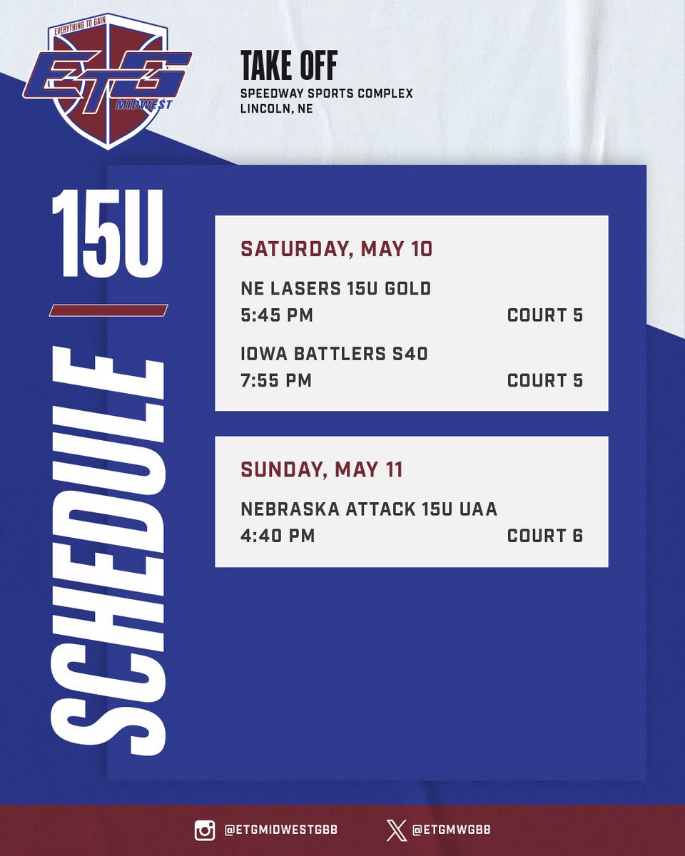 ETG Midwest Elite Girls 3SSB (@etgmwgbb) on Twitter photo 15’s Schedule & Rosters for this weekend in Lincoln at <a href="/SelectEventsBB/">Select Events Basketball</a> The TakeOff‼️ 15’s Schedule & Rosters for this weekend in Lincoln at <a href="/SelectEventsBB/">Select Events Basketball</a> The TakeOff‼️