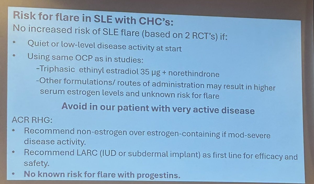 Cassy Sims, MD (@drcassysims) on Twitter photo Will #lupus flare if taking oral contraceptive pills with estrogen? <a href="/RheumNow/">Dr. John Cush</a>
If patients with SLE take combined oral contraceptives during quiet disease there is no evidence of flare risk.
The ACR recommends against estrogen contraceptives in women with very active lupus. Will #lupus flare if taking oral contraceptive pills with estrogen? <a href="/RheumNow/">Dr. John Cush</a>
If patients with SLE take combined oral contraceptives during quiet disease there is no evidence of flare risk.
The ACR recommends against estrogen contraceptives in women with very active lupus.