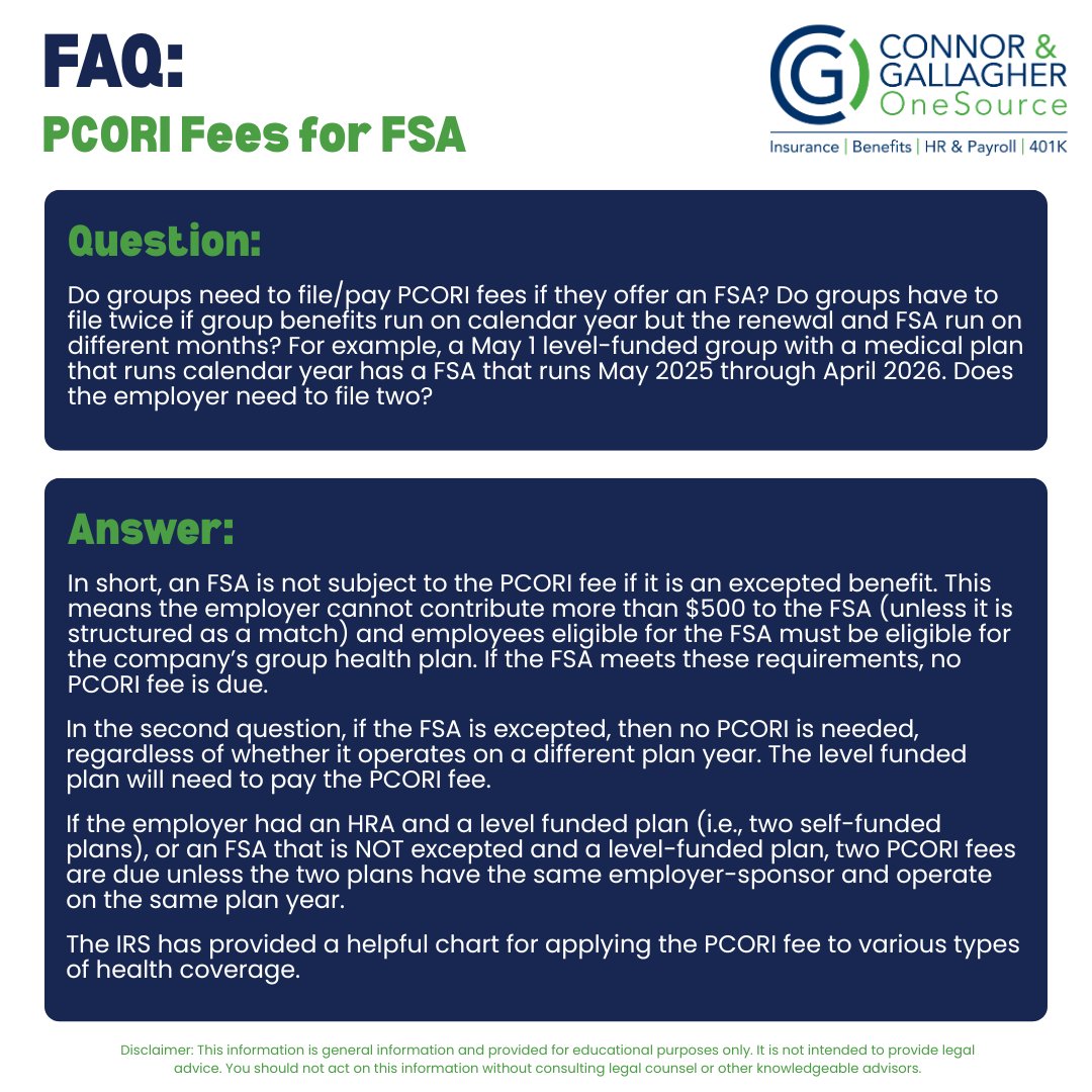 go_cgo's tweet image. Happy #FAQFriday! This week's #FAQ is: #PCORIFees for #FSA. Check out the link below for the chart on applying the #PCORI fee to various types of health coverage.

hubs.ly/Q03lPrRg0

#HealthcareBenefits #HealthPlans #Employer #Employers #BenefitsAdministration