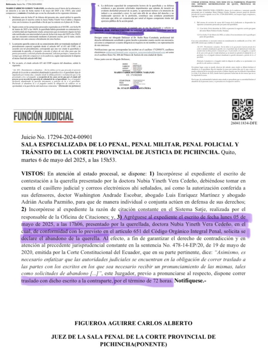 Drwandradee's tweet photo. ABANDONO o “SE LES DURMIÓ EL DIABLO”|| Hemos solicitado se declare abandonada la QUERELLA en contra de la Jueza Nubia Vera, presentada por MARIO GODOY, presidente del Consejo de la Judicatura, por no haberla impulsado por más de 60 días (Art. 651 COIP) pero quieren hacer tabla*RAZA de la norma.

✍️Al contestar el traslado del Juez Provincial Dr. Carlos Figueroa, en escrito apurado Godoy y su defensa contrariando norma expresa se oponen y dicen que correspondía el impulso al juez, a quien insultan disimuladamente y en forma directa a la parte querellada,  persistiendo en su malicia y temeridad. 

✍️Es lamentable que el máximo representante de la Judicatura del país y su defensa, desconozcan el contenido de la ley y pretendan torcerla con leguleyadas y amenazas, mientras está siendo investigado por la Fiscalía por una grave infracción #CasoPendrive 

✍️Nos preguntamos: ¿Cómo puede el presidente Daniel Noboa sostenerlo sin enviar la terna al @CpccsEc o pensar en incluir en la misma, a alguien que no sólo muestra falta de probidad sino también desconocimiento de la ley?🔎
✍️Estamos atentos a la actuación de los operadores de justicia en este caso, y a los “movimientos” (patadas) de ahogado del falso querellante con recusaciones y demás, para tratar de evitar la declaración de abandono de la querella y la calificación de maliciosa y temeraria. 
#LaJusticiaTardaPeroLlega 
*rasa