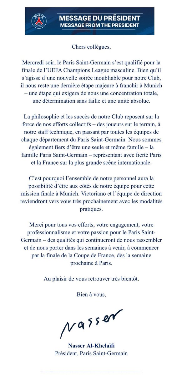 🔴🔵✨ La classe : Le président du PSG, Nasser Al-Khelaifi, écrit aux 600 membres du personnel du club pour leur dire qu'ils obtiendront des billets gratuits et se rendront en finale de la Ligue des champions à Munich.

Les 600 obtiendront également une part du pot bonus de