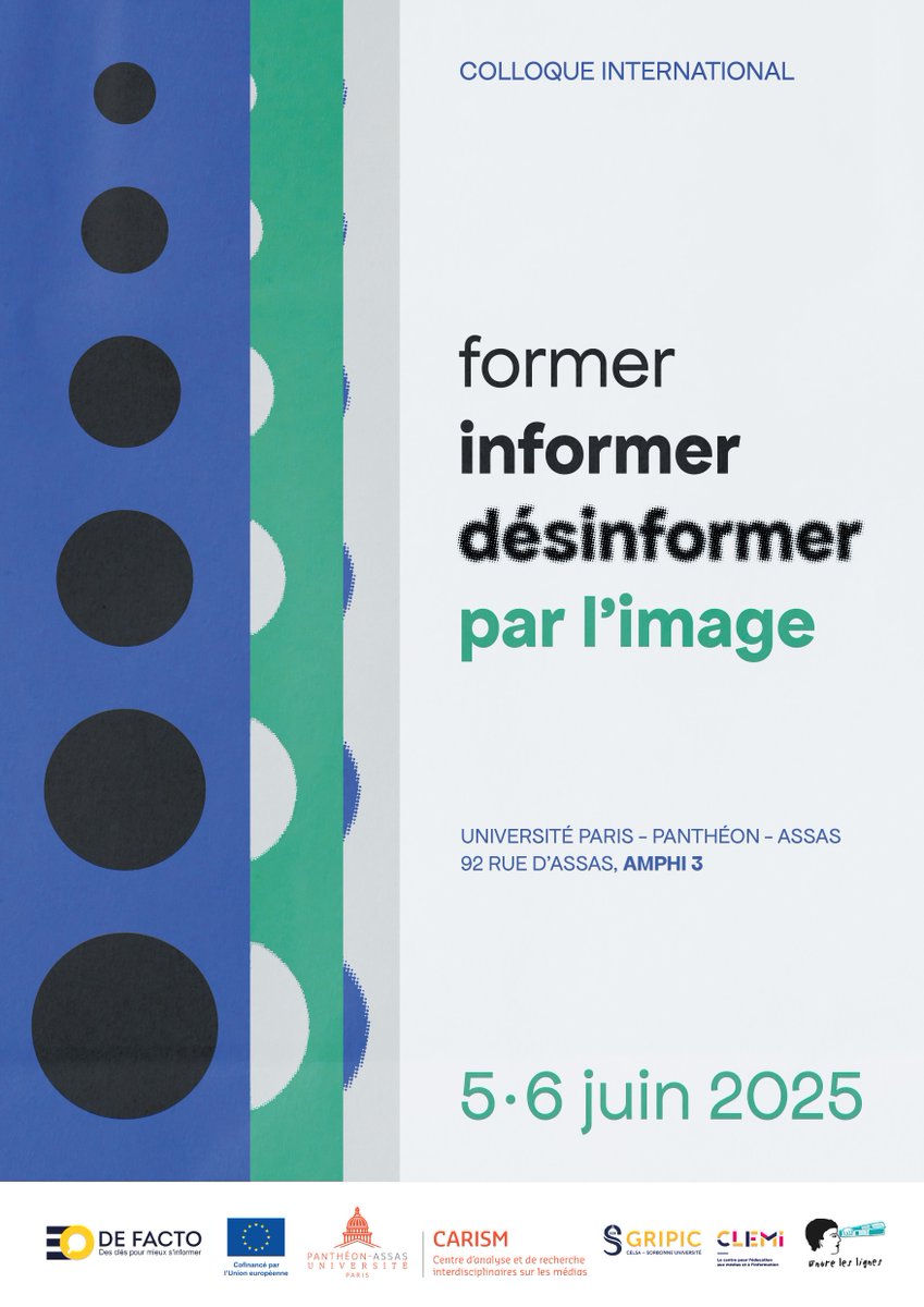 Venez à notre colloque Former, informer et désinformer par l'image
université Paris Panthéon-Assas, les 5 &amp; 6 juin
dans le cadre du projet européen De Facto. 

Présence libre mais inscription obligatoire  ➡️ urlr.me/EmdQaN  
Programme ⬇️ 
 carism.assas-universite.fr/fr/former-info…