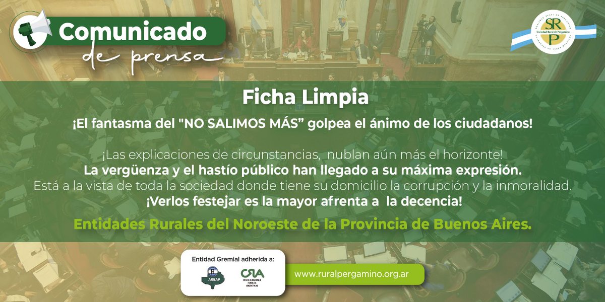 Les compartimos un comunicado de nuestra entidad junto con otras del Noroeste de la Provincia de Buenos Aires titulado: 

𝐅𝐢𝐜𝐡𝐚 𝐥𝐢𝐦𝐩𝐢𝐚

👉 Leelo acá: ruralpergamino.org.ar/site/ficha-lim…

#FichaLimpia