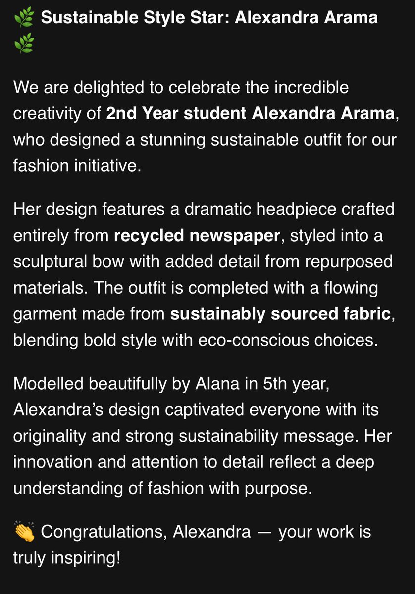 ExtraStPauls's tweet photo. 🌿 Sustainable Style Star: Alexandra Arama 🌿
We are delighted to celebrate the incredible creativity of 2nd Year student Alexandra Arama, who designed a stunning sustainable outfit for our fashion show, see pictures for more details on her design! @stpaulsg https://t.co/mUyMNf4tyc